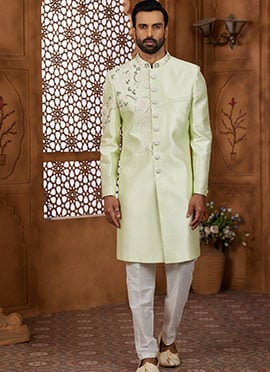 Pista Green Silk Beads And Cutdana Hand Work Indowestern Sherwani