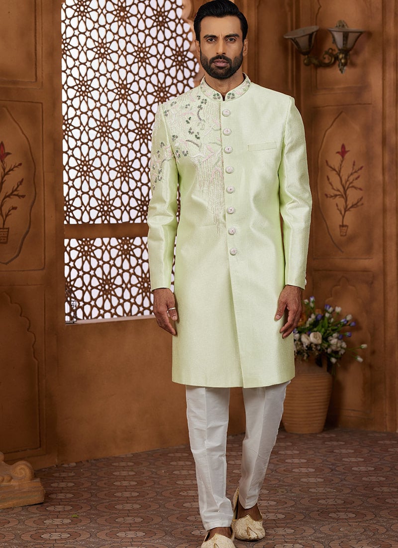 Pista Green Silk Beads And Cutdana Hand Work Indowestern Sherwani