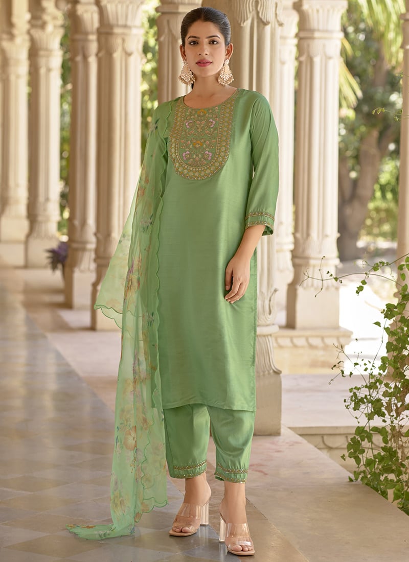 Pista Green Silk Blend Embroidered Sequins Digital Print Straight Pant Suit After Six Wear