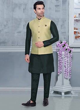 Pista Green Silk Brocade Bandhgala Jacket