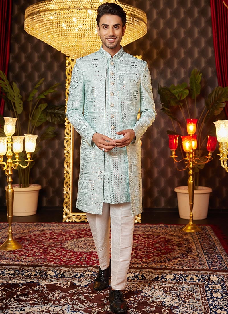 Pista Green Silk Embroidered And Sequins Thread Indowestern Sherwani Wedding Wear