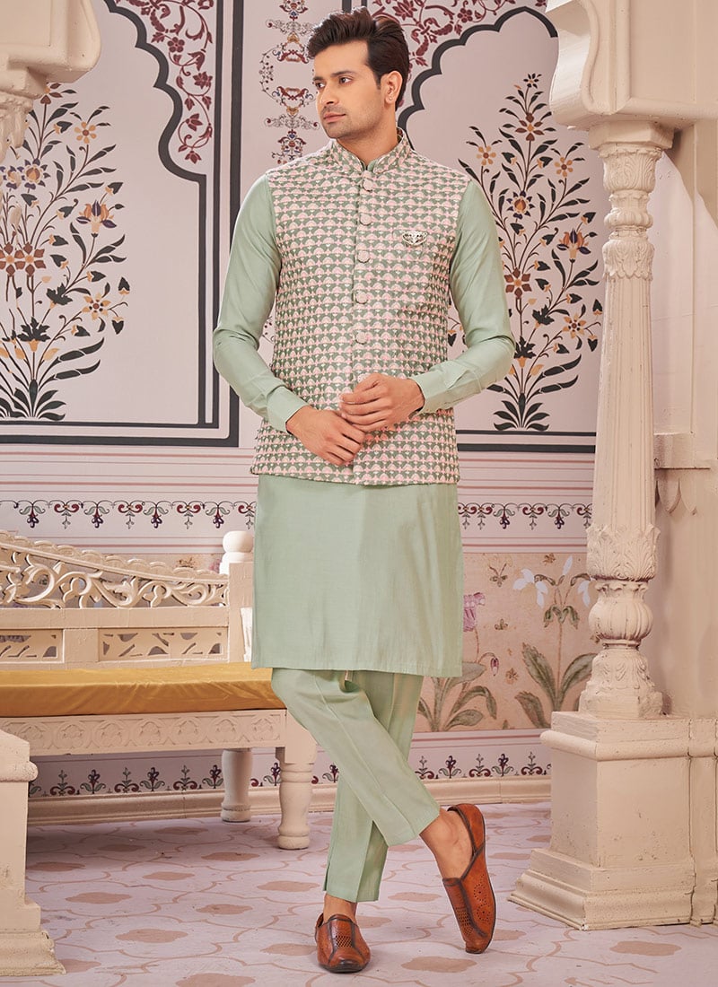 Pista Green Silk Embroidered Bandi Set