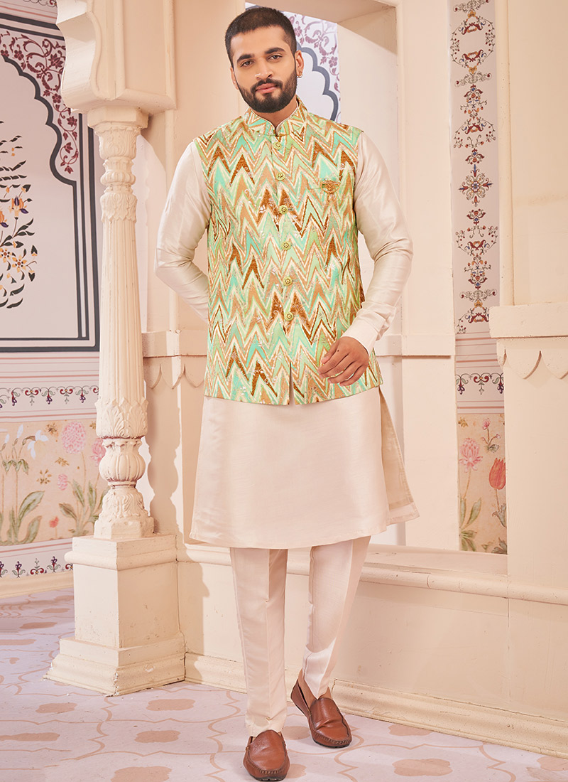 Pista Green Silk Embroidered Bandi Set