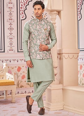 Pista Green Silk Embroidered Bandi Set