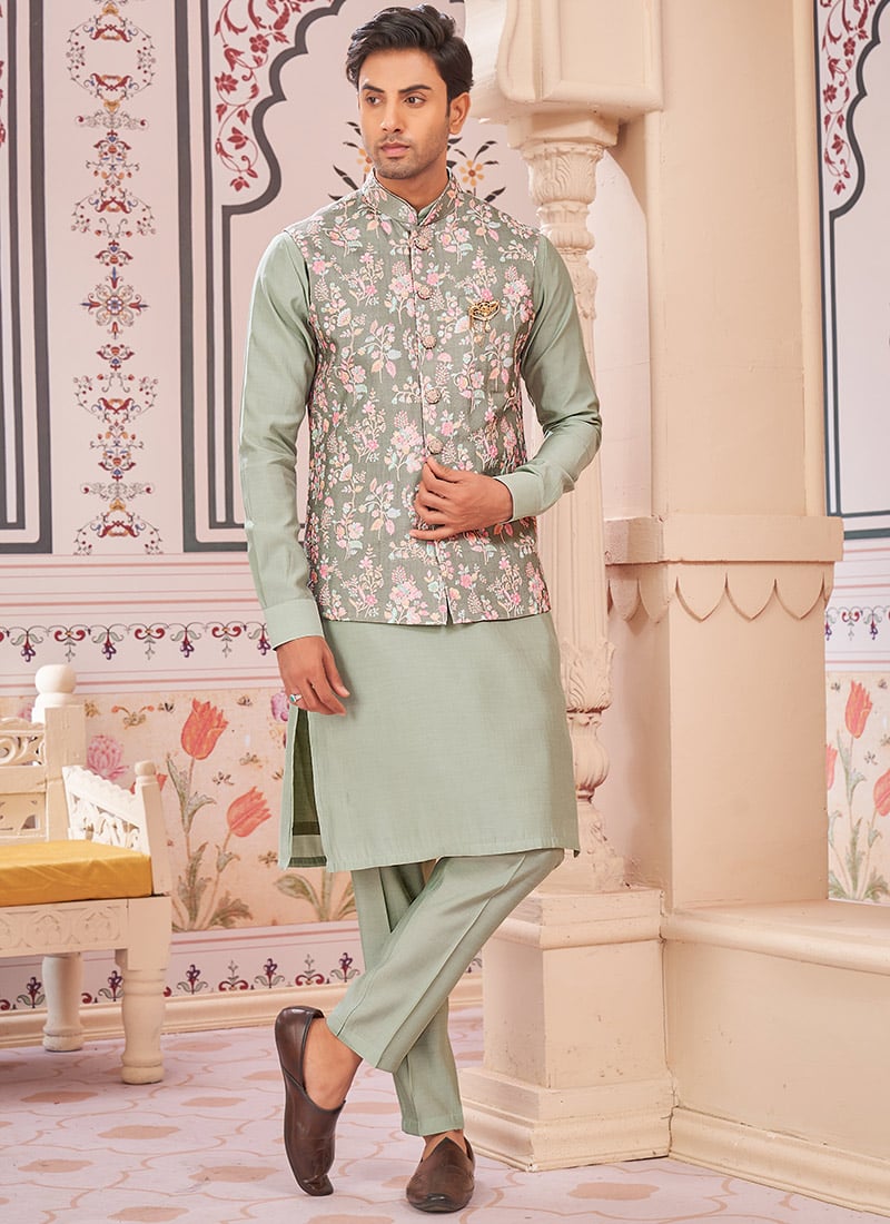 Pista Green Silk Embroidered Bandi Set Festive Wear