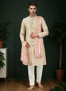 Pista Green Silk Embroidered Classic Sherwani