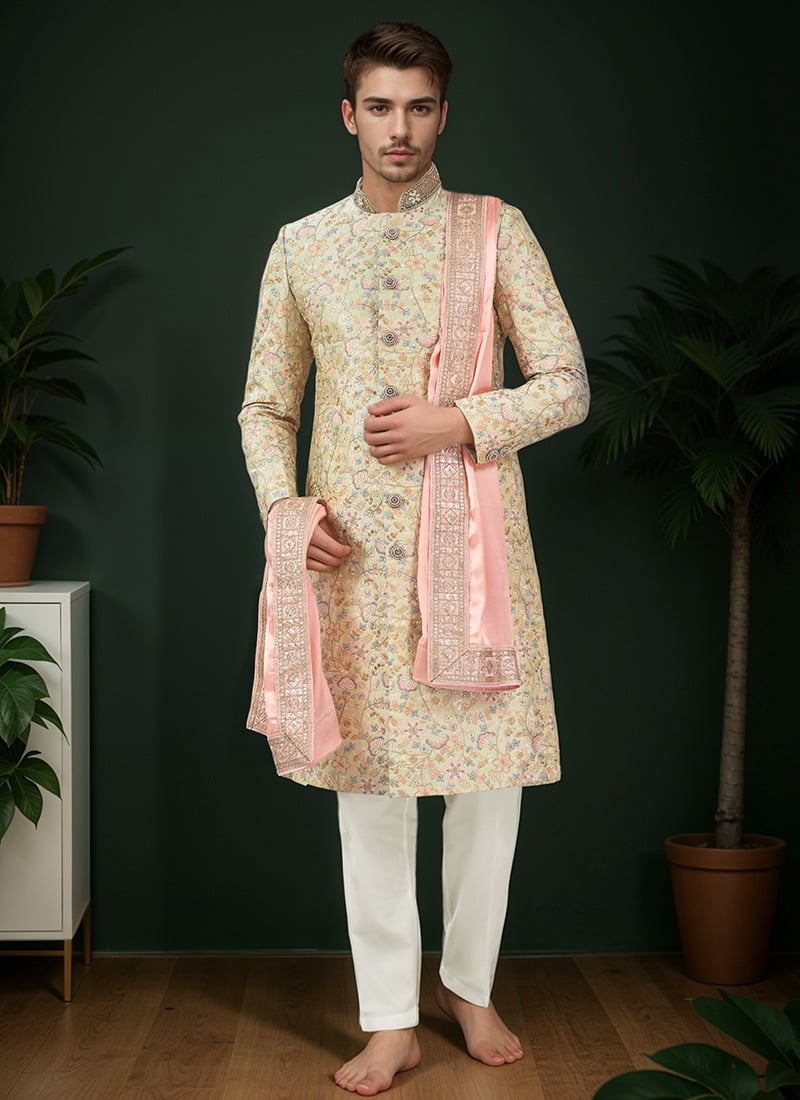 Pista Green Silk Embroidered Classic Sherwani Wedding Wear