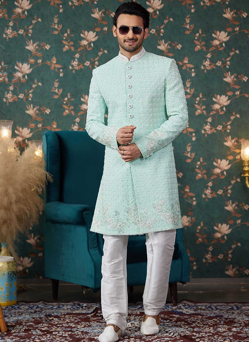 Pista Green Silk Embroidered Hand Work Classic Sherwani Wedding Wear