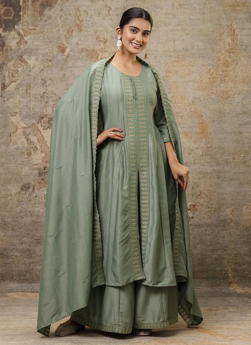 Pista Green Silk Embroidered High Slit Palazzo Suit Festive Wear