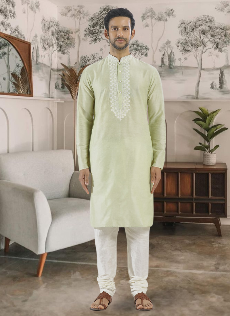 Pista Green Silk Embroidered Kurta Pyjama Festive Wear