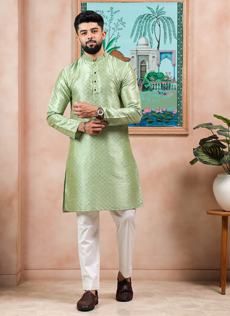 Pista Green Silk Embroidered Kurta Pyjama For Men Festive Wear