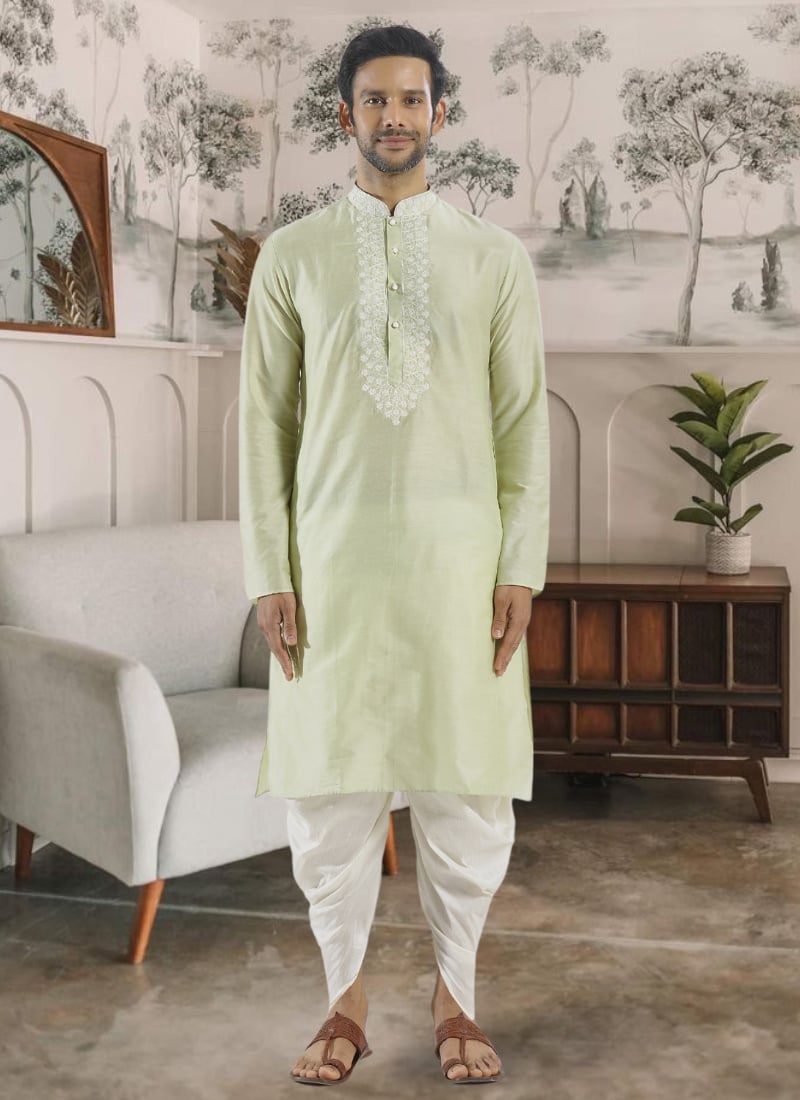 Pista Green Silk Embroidered Kurta With Dhoti Style Pyjama