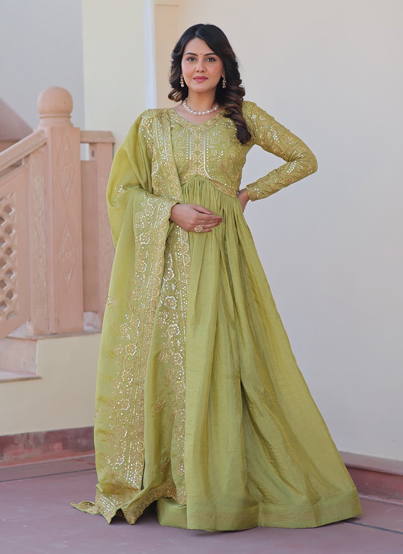 Pista Green Silk Embroidered Sequins Anarkali Suit Festive Wear