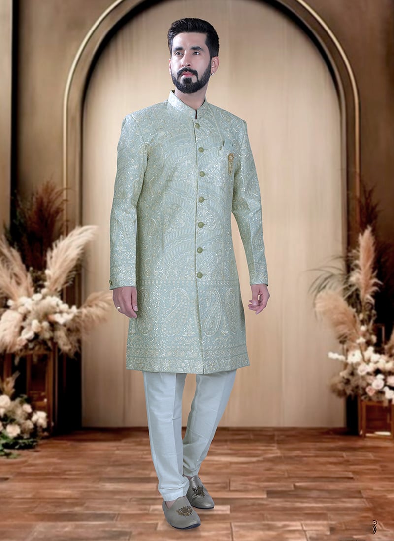 Pista Green Silk Embroidered Sequins Indowestern Sherwani For Men Wedding Wear