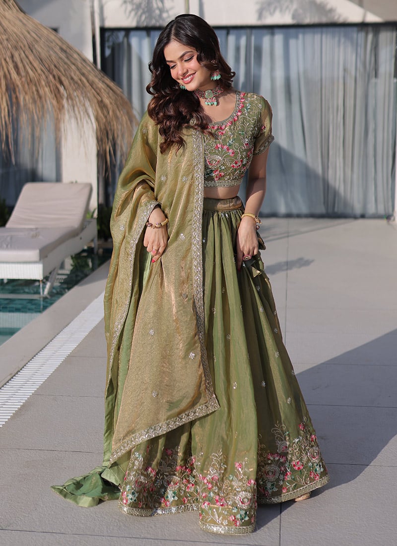 Pista Green Silk Embroidered Sequins Lehenga After Six Wear