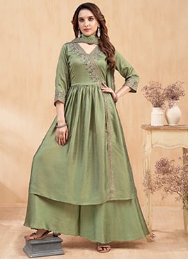 Pista Green Silk Embroidered Sequins Palazzo Suit
