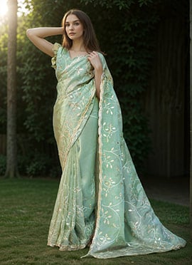 Pista Green Silk Embroidered Sequins Saree