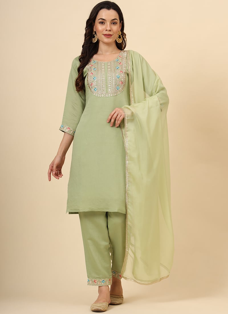 Pista Green Silk Embroidered Sequins Straight Pant Suit After Six Wear