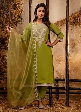 Pista Green Silk Embroidered Sequins Straight Pant Suit