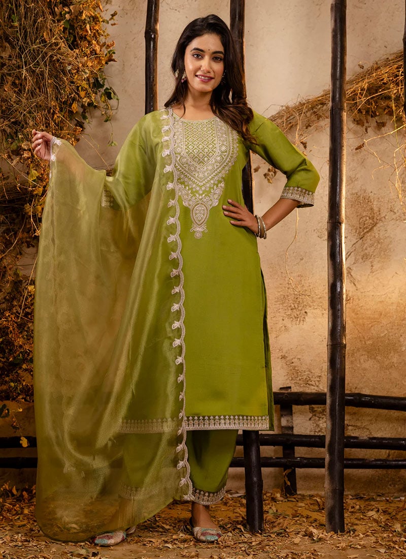 Pista Green Silk Embroidered Sequins Straight Pant Suit Festive Wear