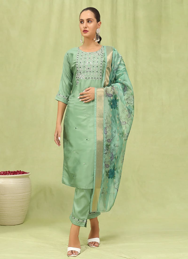 Pista Green Silk Embroidered Sequins Straight Pant Suit With Digital Print Dupatta
