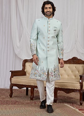 Pista Green Silk Embroidered Sequins Thread Indowestern Sherwani Wedding Wear