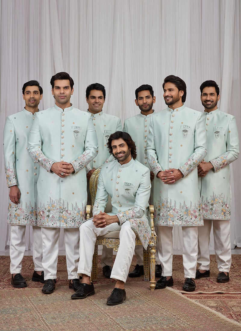 Pista Green Silk Embroidered Sequins Thread Indowestern Sherwani Wedding Wear