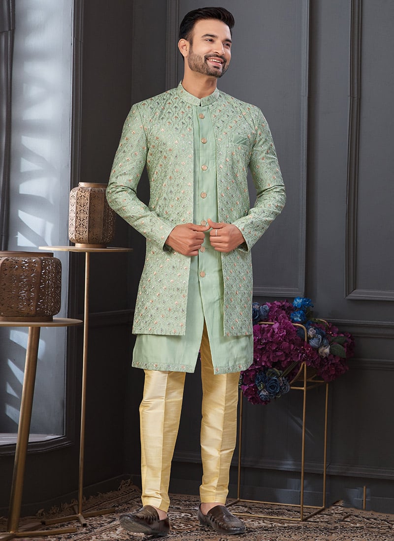 Pista Green Silk Embroidered Sequins Thread Indowestern Sherwani Festive Wear