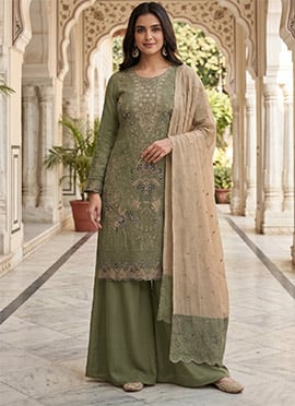 Pista Green Silk Embroidered Sequins With Khatli Work Palazzo Suit