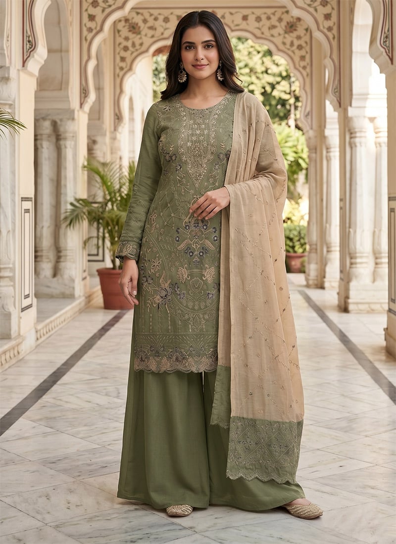 Pista Green Silk Embroidered Sequins With Khatli Work Palazzo Suit Festive Wear
