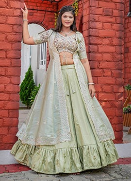 Pista Green Silk Embroidered Sequins Zari Umbrella Lehenga