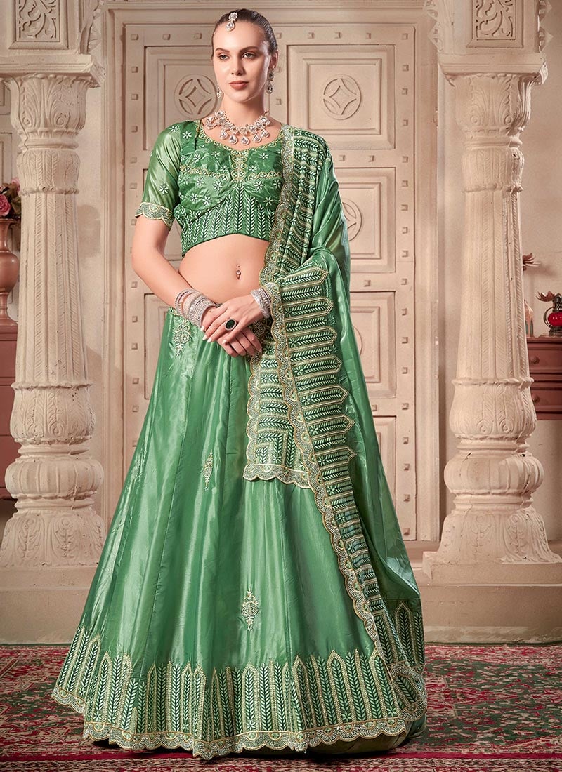 Pista Green Silk Embroidered Thread Zarkan A Line Lehenga Wedding Wear