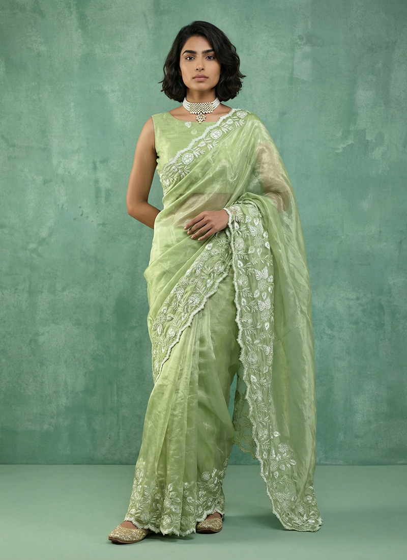 Pista Green Silk Floral Embroidered Saree After Six Wear
