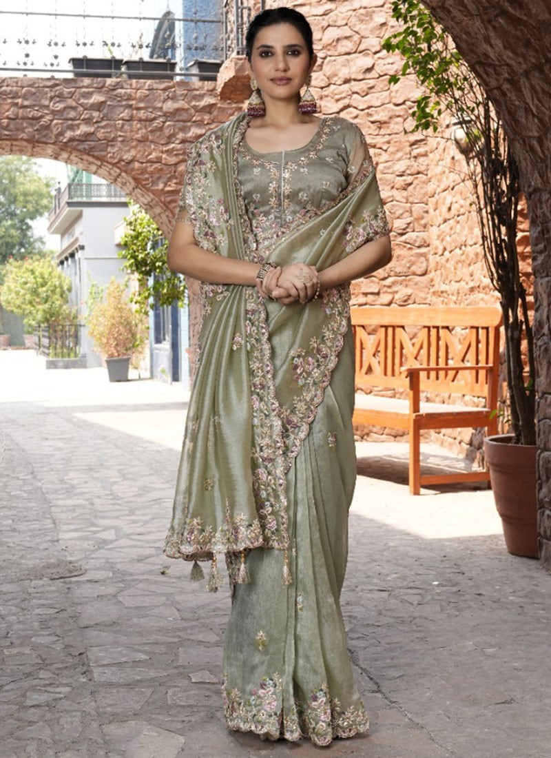 Pista Green Silk Hand Embroidered Stone And Beads Work Saree
