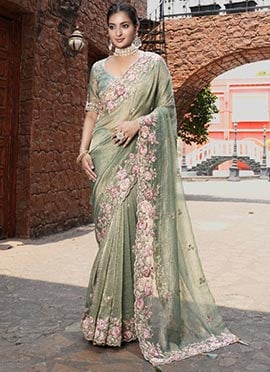 Pista Green Silk Hand Embroidered Stone And Beads Work Saree