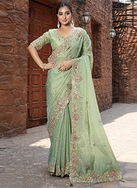 Pista Green Silk Hand Embroidered Stone And Beads Work Saree