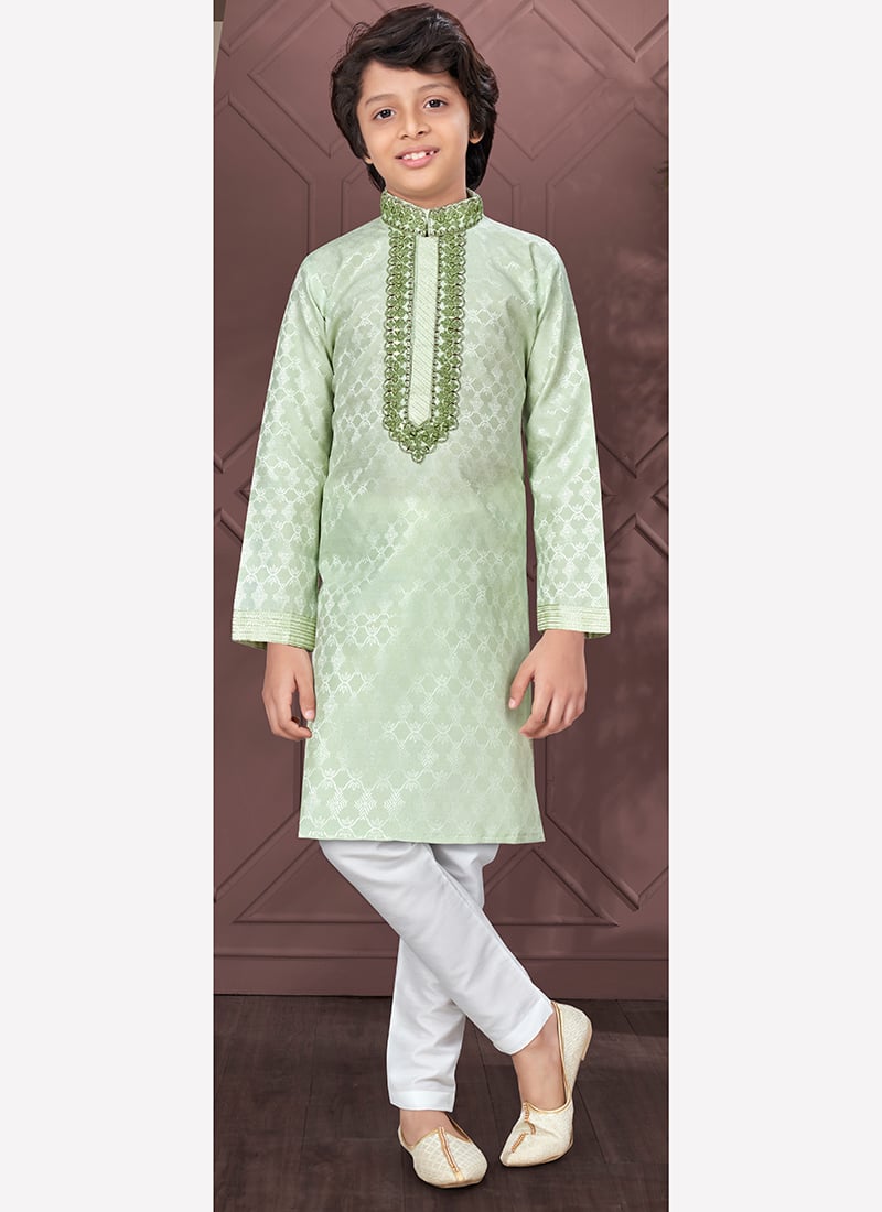 Pista Green Silk Jacquard Kids Boys Kurta Pyjama Festive Wear