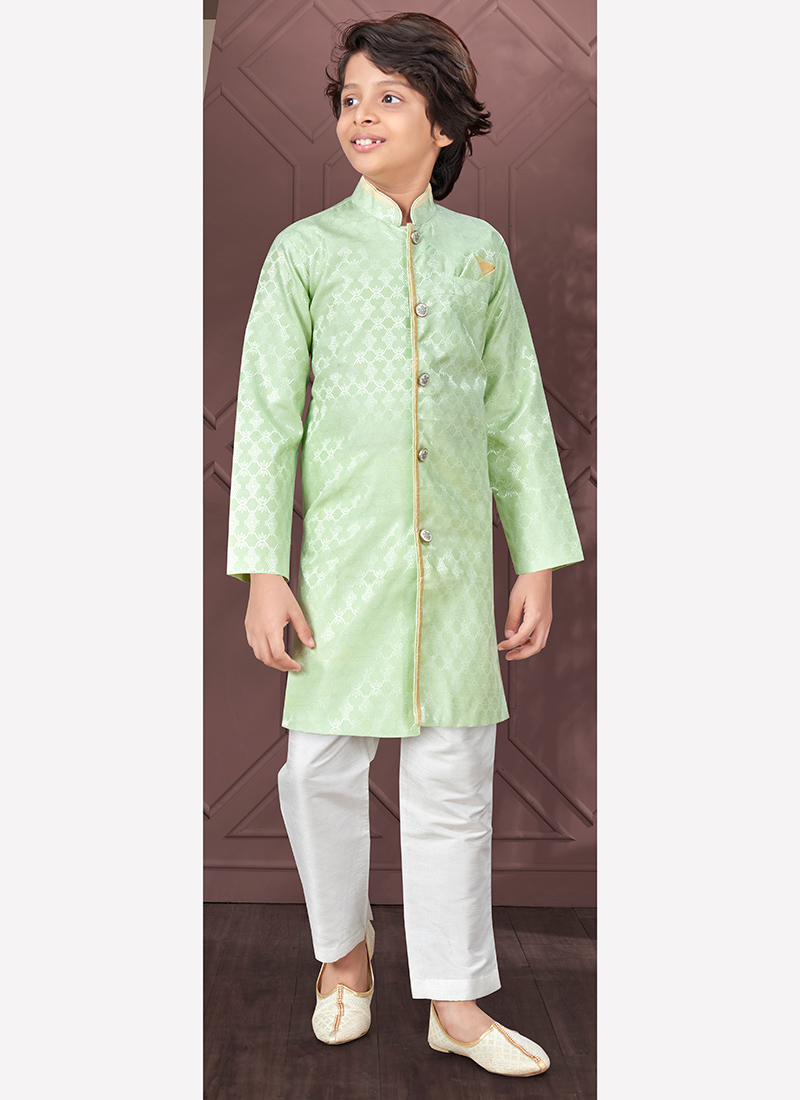 Pista Green Silk Jacquard Kurta Pyjama For Young Kids Boys Party Wear