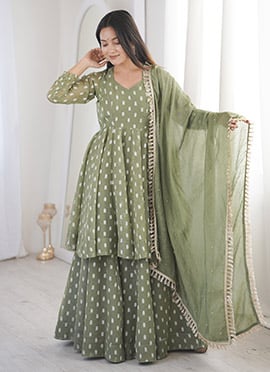 Pista Green Silk Jacquard Palazzo Suit