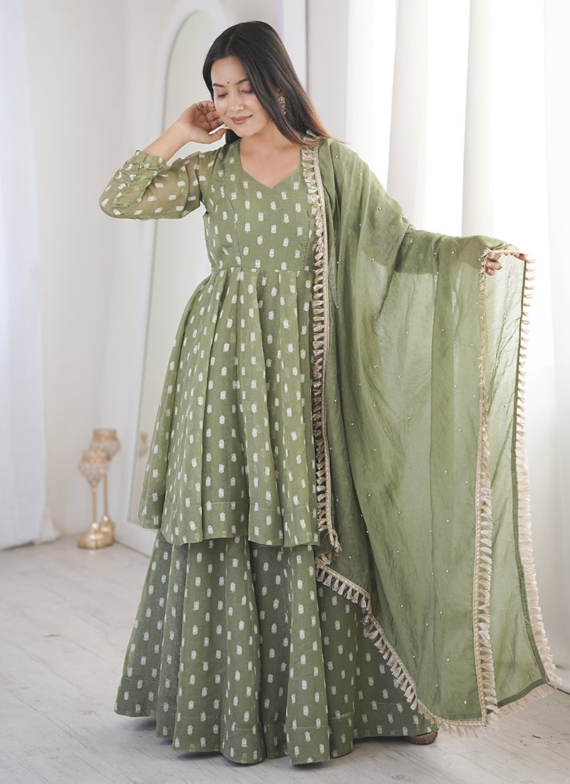 Pista Green Silk Jacquard Palazzo Suit After Six Wear