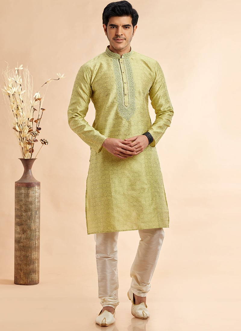 Pista Green Silk Jacquard Thread Kurta Pyjama Festive Wear