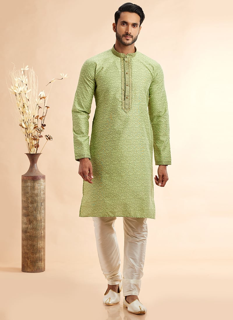 Pista Green Silk Jacquard Thread Kurta Pyjama Festive Wear
