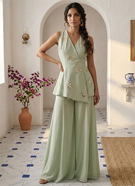 Pista Green Silk Mirror Work Indowestern Palazzo Set