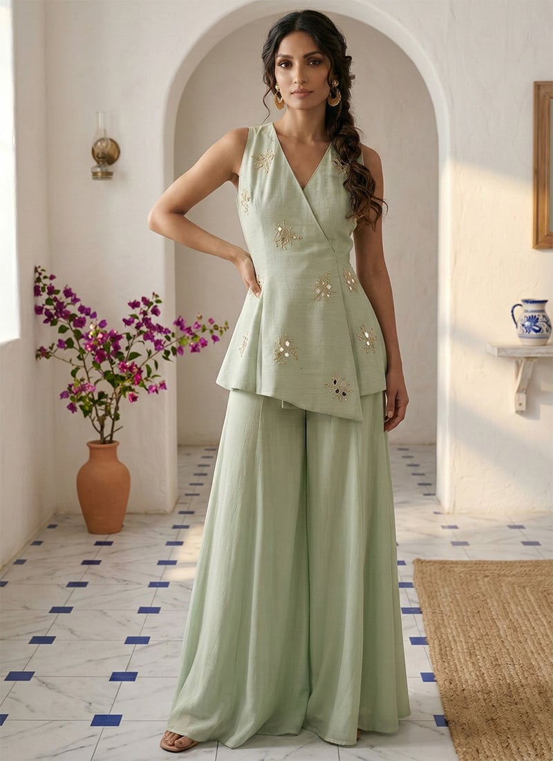 Pista Green Silk Mirror Work Indowestern Palazzo Set After Six Wear