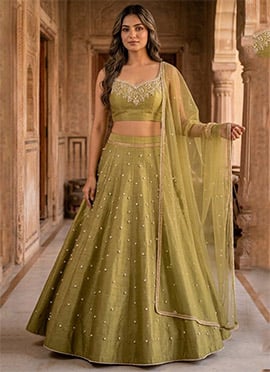 Pista Green Silk Moti Hand Embroidered Lehenga