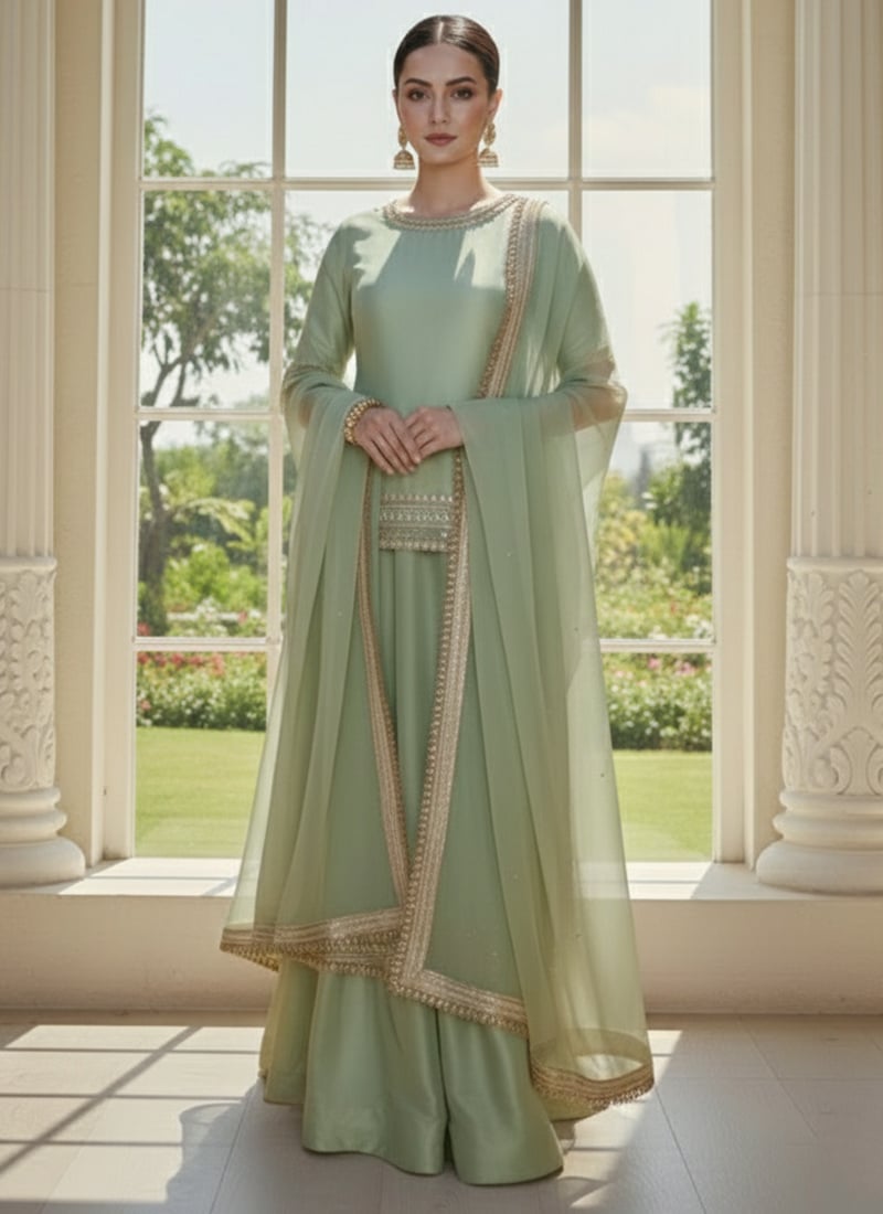Pista Green Silk Palazzo Suit Festive Wear