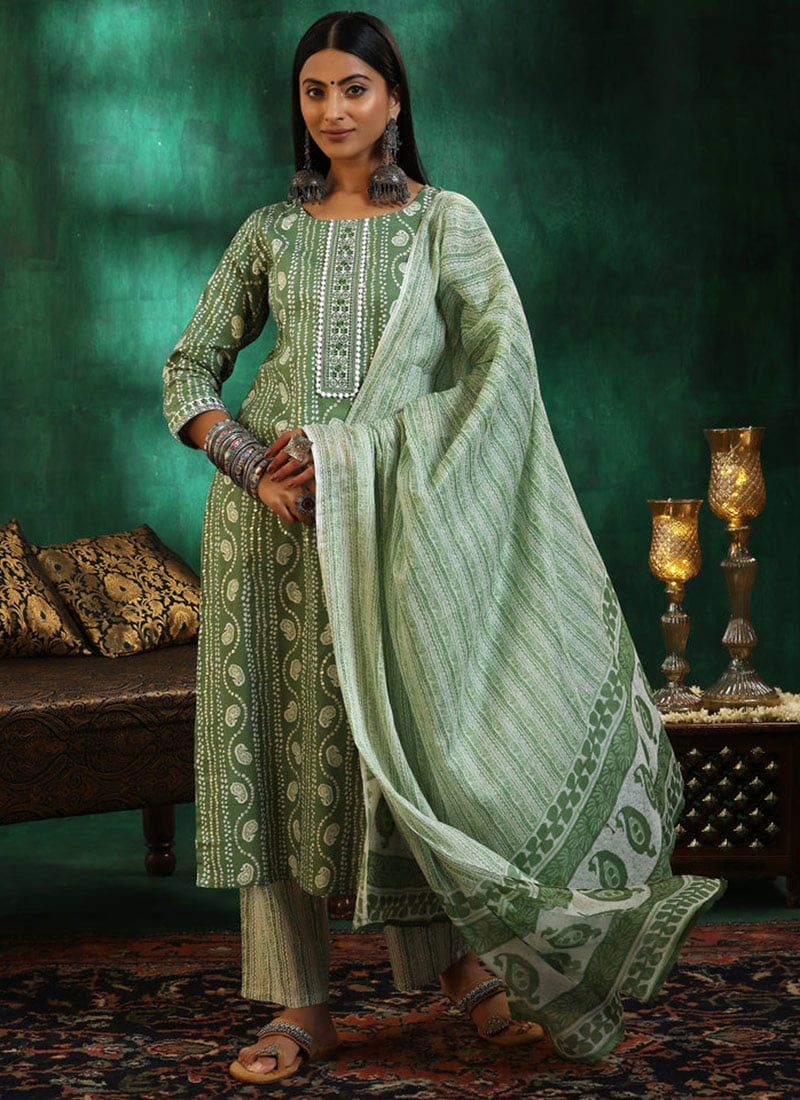 Pista Green Silk Printed Straight Pant Suit