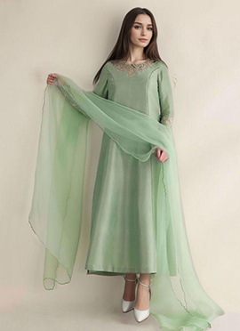 Pista Green Silk Resham Zardosi Hand Embroidered Elegant Anarkali Suit