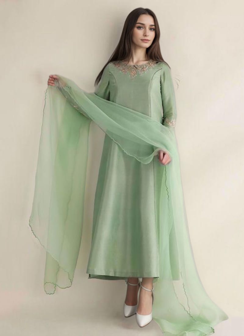 Pista Green Silk Resham Zardosi Hand Embroidered Elegant Anarkali Suit Festive Wear