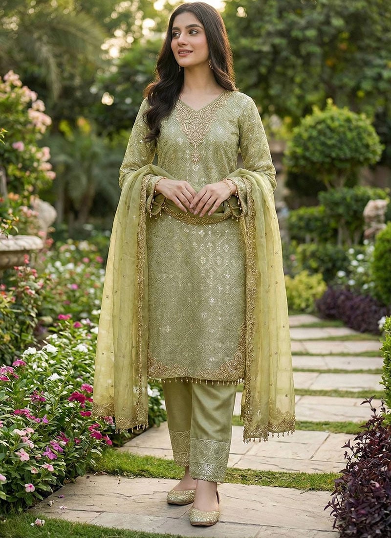 Pista Green Silk Sequins Embroidered Beads Work Pakistani Straight Pant Suit Festive Wear